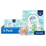 Composite product graphic showing Glade Dewdrop Petals plug-in refill packaging with floral accents and '6 Pack' banner
