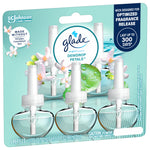 Angled view of Glade Dewdrop Petals five-refill blister pack showing clear oil bottles and product branding on teal card