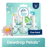 Glade Dewdrop Petals refill pack showing five clear plug-in fragrance bottles on aqua background with floral accents