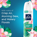 Close-up Glade Dewdrop Petals aerosol can with floral illustrations and text describing crisp air, morning dew, and watery florals.