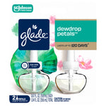 Close-up of Glade Dewdrop Petals refill packaging front showing brand logo and two clear scent bottles