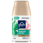Close-up of Glade Dewdrop Petals automatic spray refill can with gold cap and visible product label artwork