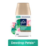 Glade Dewdrop Petals automatic spray refill can with floral artwork and gold cap on white background
