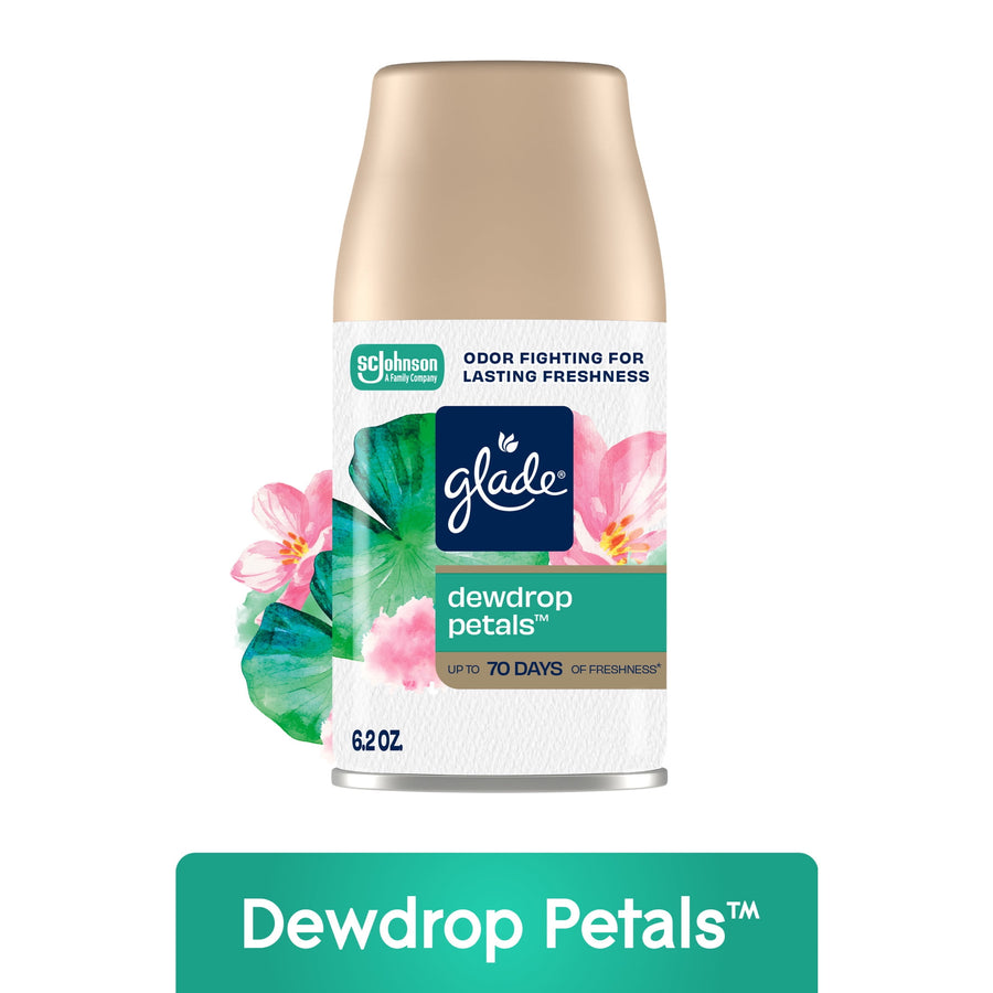 Glade Dewdrop Petals automatic spray refill can with floral artwork and gold cap on white background