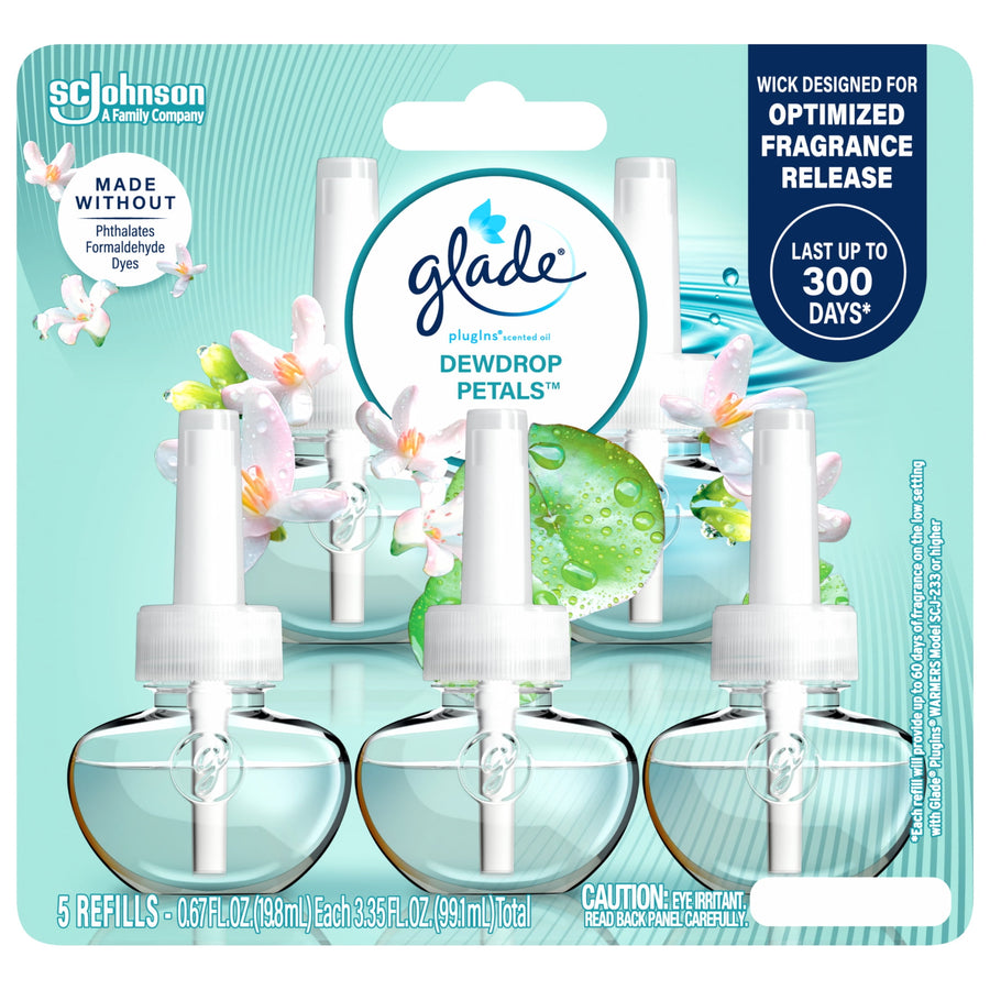 Glade Dewdrop Petals retail blister pack front with five refill bottles, logo and 'last up to 300 days' badge on aqua background