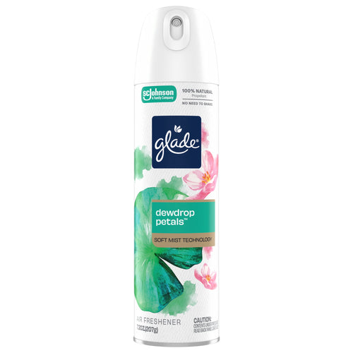 Glade Dewdrop Petals aerosol air freshener can front showing Glade logo and floral artwork