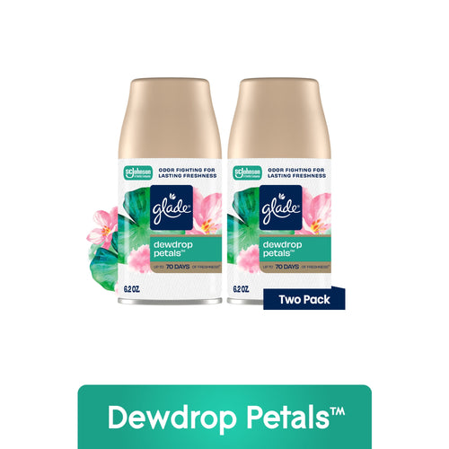 Two Glade Dewdrop Petals automatic spray refill cans with floral artwork and 'Two Pack' label