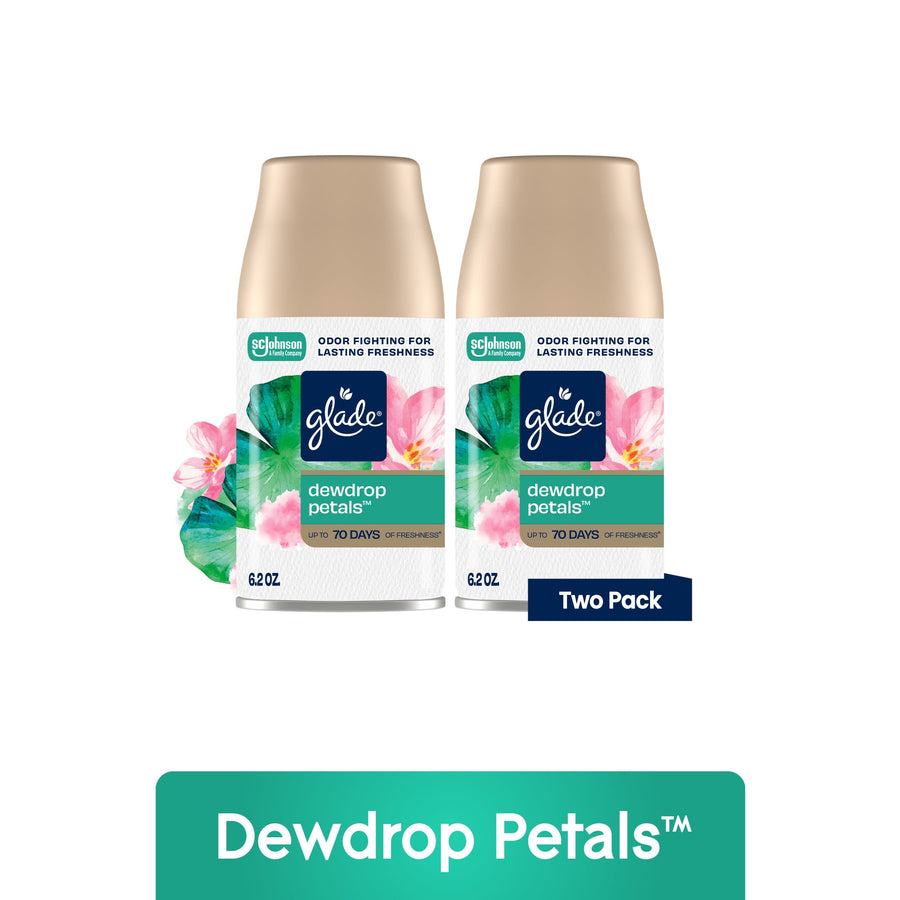 Two Glade Dewdrop Petals automatic spray refill cans with floral artwork and 'Two Pack' label