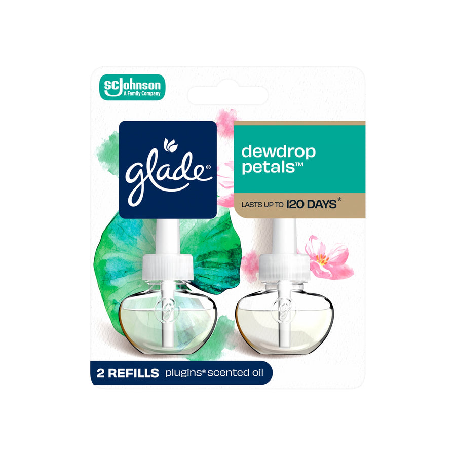 Glade Dewdrop Petals two-refill plug-in scented oil blister pack with brand logo and watercolor leaf artwork