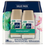 Value pack box showing two Glade Dewdrop Petals automatic refill cans with floral graphics and 'Value Pack' header