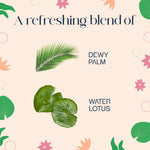 Graphic panel showing dewy palm and water lotus images with text describing a refreshing blend for the Glade scent
