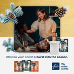 Evening dinner scene of a couple celebrating with Glade Scent Flow device and multiple refill pack graphics at the corner.