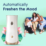 Glade automatic dispenser in foreground with three people sitting on a sofa and floral Dewdrop Petals artwork