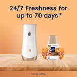 Glade dispenser and Cashmere Woods refill on a wood surface with text claiming up to 70 days of freshness