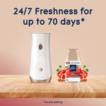 Glade automatic dispenser and refill can on a wooden surface with text claiming '24/7 Freshness for up to 70 days'