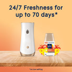 Automatic dispenser and a Glade Hawaiian Breeze refill on a wood surface with text about 24/7 freshness up to 70 days