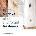 Close-up of Glade dispenser base with text claiming up to 60 days of freshness on a mixed-texture background
