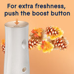 Close-up of top and side of Glade automatic dispenser with boost button callout and autumnal floral artwork