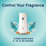 Glade automatic spray dispenser against a teal background with text 'Control Your Fragrance' and timing options beneath