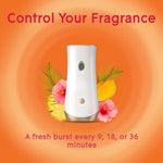 White Glade automatic dispenser illustrated with tropical fruit and flowers and text about controlling fragrance timing.