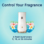 Glade automatic fragrance device centered with floral and wave accents and text about timing options