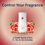White Glade automatic spray dispenser pictured over apple and cinnamon artwork with text about controlling fragrance intervals