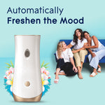 Glade automatic dispenser alongside three people on a couch with text ‘Automatically Freshen the Mood’