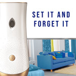 Partial Glade automatic dispenser at left with room scene and slogan 'SET IT AND FORGET IT' on the right.