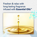 Close-up image of an oil droplet splash illustrating essential oils with text about long‑lasting fragrance