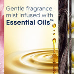 Graphic panel stating 'Gentle fragrance mist infused with Essential Oils' with oil droplet imagery