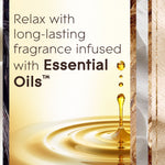 Graphic of golden oil droplets and ripple with text promoting long-lasting fragrance infused with Essential Oils