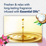 Infographic showing a golden oil droplet splash and text about long-lasting fragrance infused with essential oils
