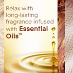 Graphic panel with oil droplet imagery and text: “Relax with long-lasting fragrance infused with Essential Oils” alongside wood texture