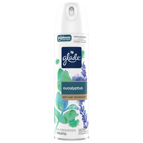 Front-facing Glade eucalyptus soft mist aerosol can with watercolor eucalyptus and lavender artwork on a white background.