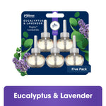 Glade PlugIns Eucalyptus & Lavender five-pack refill blister card showing five oil refill bulbs and botanical accents