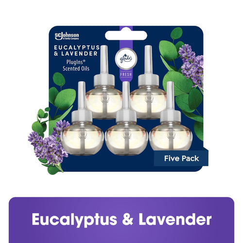 Glade PlugIns eucalyptus & lavender scented oil refill five-pack blister card with lavender and eucalyptus graphics