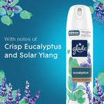 Glade eucalyptus soft mist can on a teal background with watercolor floral accents and text noting crisp eucalyptus and solar ylang.