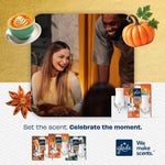 Evening gathering lifestyle photo with smiling people and Glade product images and seasonal pumpkin graphics
