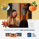 Warm evening gathering photo framed by pumpkin and spice illustrations and a lit Glade candle graphic for seasonal scent promotion