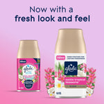 Promotional image showing Glade Exotic Tropical Blossoms refill can with new packaging and floral accents