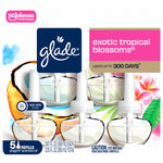 Close-up packaging artwork of Glade Exotic Tropical Blossoms refills showing three clear refill bottles, Glade logo and floral design
