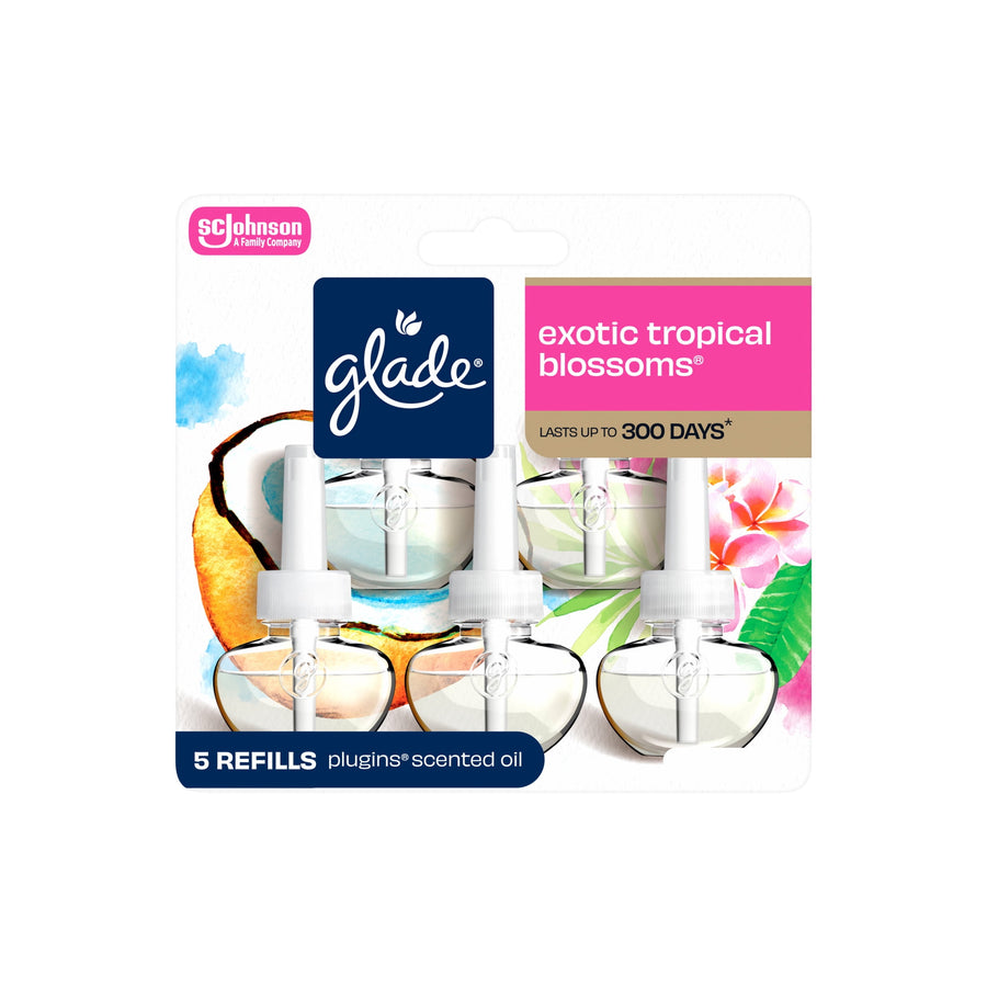 Glade Exotic Tropical Blossoms scented oil refills blister pack showing three refill bottles and floral artwork