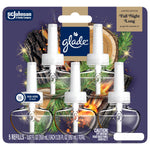 Glade PlugIns refill blister pack close-up with five clear refill bottles, 'rub here for scent' callout and Fall Night Long branding.
