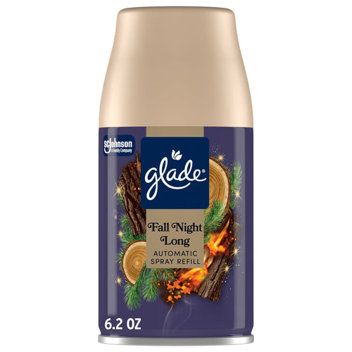 Glade Fall Night Long automatic spray refill can with purple label and gold cap, 6.2 oz branding visible