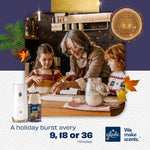 Lifestyle image of adults and children baking with Glade automatic spray and refill pictured at lower left and holiday-themed graphics.
