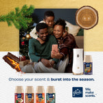 Smiling family taking a selfie in front of a tree with a Glade automatic spray unit and Fall Night Long refill beside them.