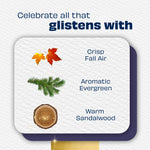 Ingredient-style artwork listing 'Crisp Fall Air', 'Aromatic Evergreen', and 'Warm Sandalwood' with seasonal leaf and wood visuals