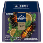 Front-facing value pack box of Glade Fall Night Long automatic spray refills showing branding, wood and evergreen artwork, and net weight.