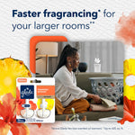 Living room scene with Glade Scent Flow device and a boxed Hawaiian Breeze refill pictured with text about faster fragrancing for larger rooms.