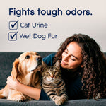 Person cuddling a dog and a cat on a couch with overlay text listing pet odors fought by the product and check icons